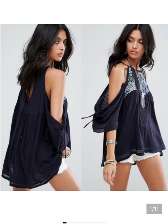 Free People Tops - Free People fast times Navy beaded Embroidered cold shoulder Blouse
